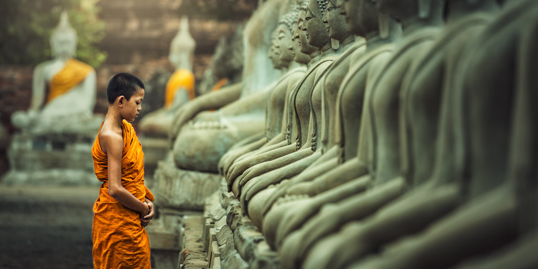 Novices,Monk,Vipassana,Meditation,At,Front,Of,Buddha,Statue